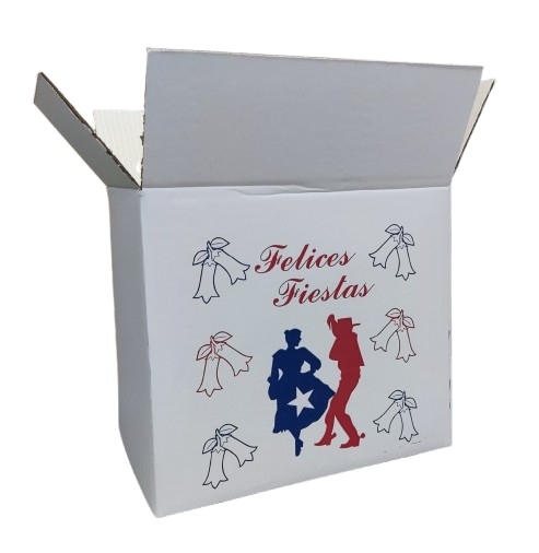 Caja de cartón abierta con diseño impreso Felices Fiestas y huasos bailando cueca, lista para armar el regalo dieciochero de tu empresa