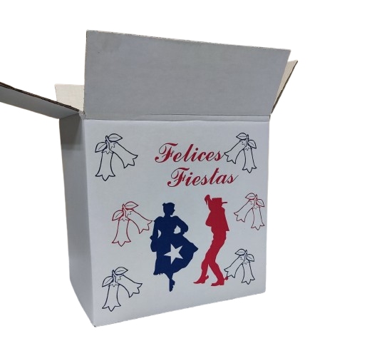 Caja dieciochera de cartón abierta con diseño Felices Fiestas Patrias, huaso y china bailando cueca