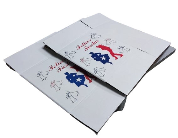 Caja de cartón desarmada y plana con diseño Felices Fiestas Patrias, formato base para armar packs de botellas de cerveza artesanal