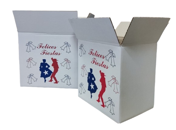 Cajas de cartón corrugado impresas con diseño Felices Fiestas para el regalo corporativo de empresas en Fiestas Patrias