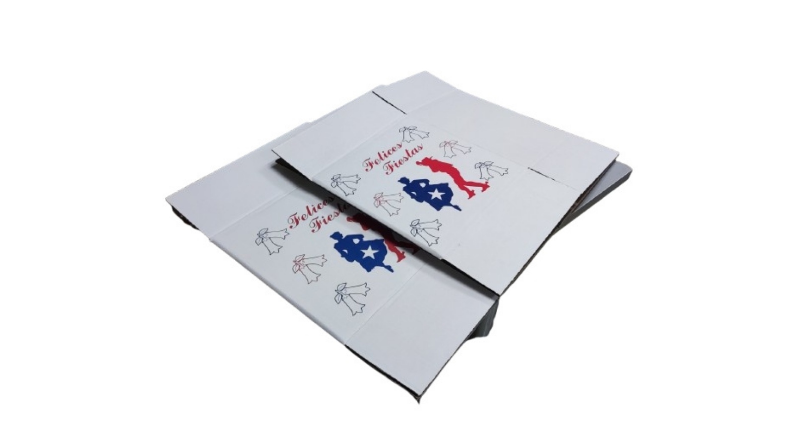 Cajas de cartón dieciocheras plegadas con diseño "Felices Fiestas" en fondo blanco, impresión a color con bailarines de cueca y bandera chilena