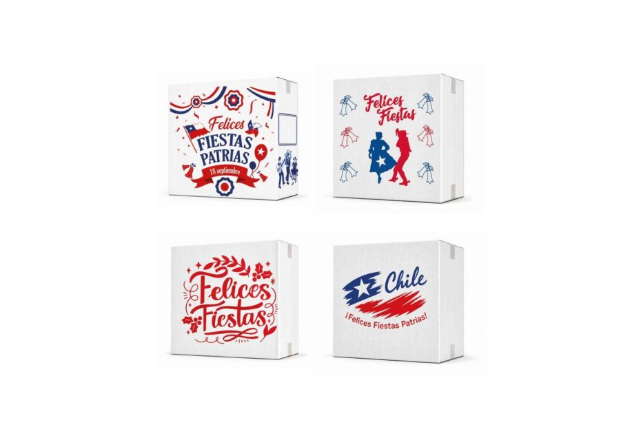 Mockups de cajas de cartón con diseños impresos de Fiestas Patrias: cueca, bandera chilena, moños y motivos 18 de septiembre