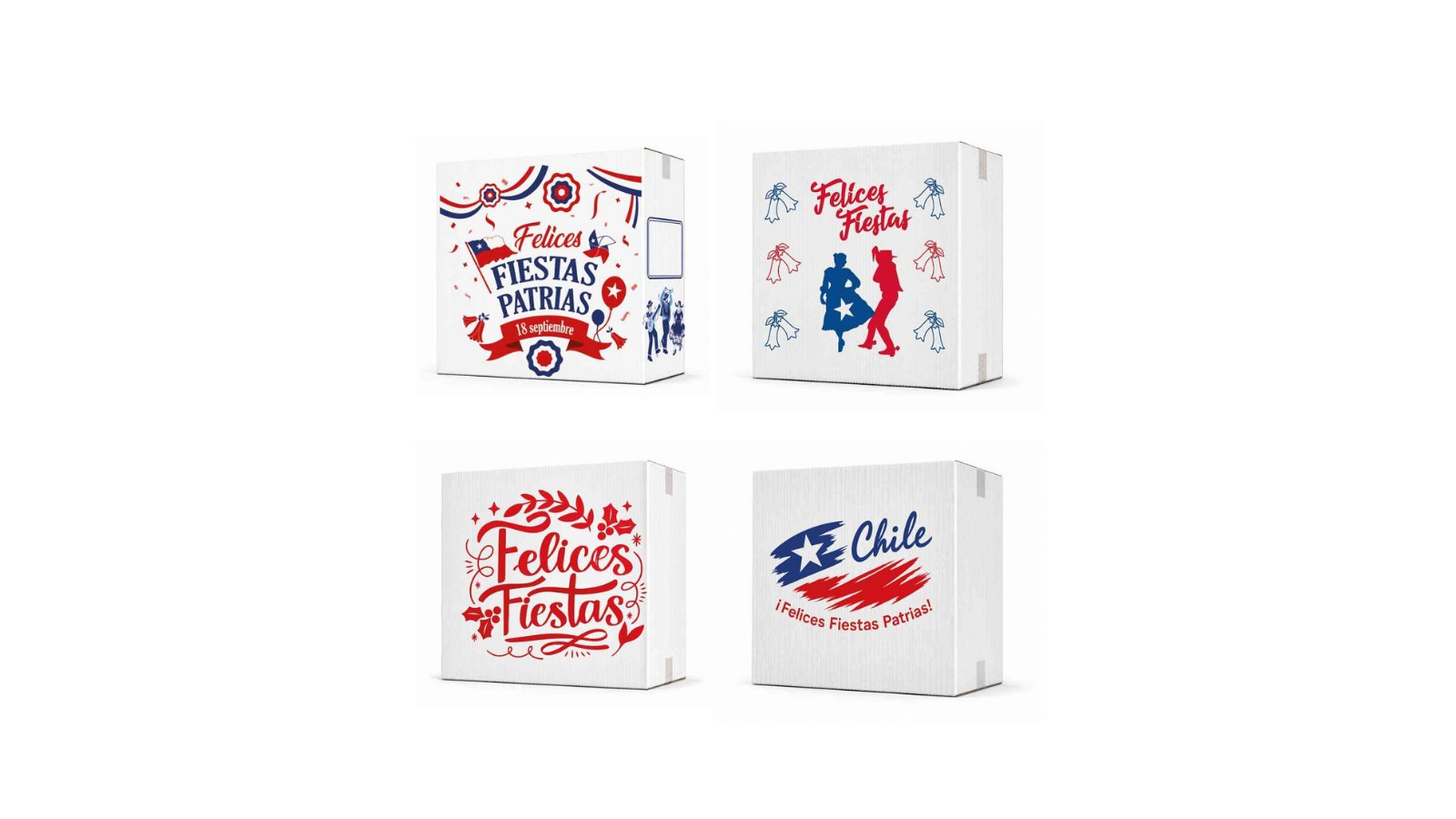 Mockups de cajas de cartón con diseños impresos de Fiestas Patrias: cueca, bandera chilena, moños y motivos 18 de septiembre