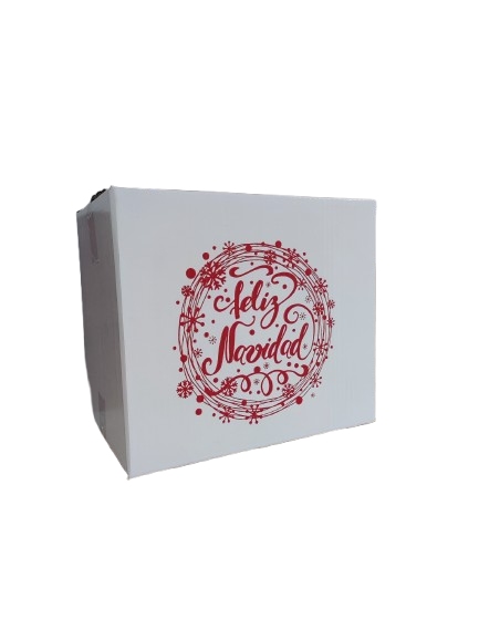 Caja de cartón navideña para empresas con diseño Feliz Navidad, vista en ángulo mostrando el armado de la caja
