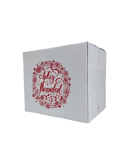 Caja de cartón para regalo corporativo de Navidad, impresa con el mensaje Feliz Navidad en rojo, para empresas en Chile