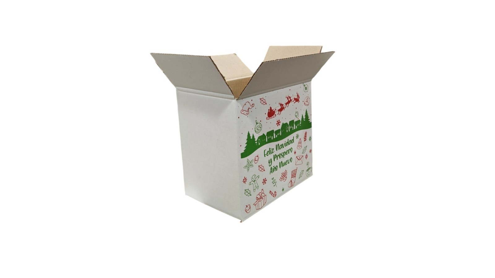 Caja de cartón corrugado abierta, vista lateral, con impresión navideña y solapas superiores levantadas