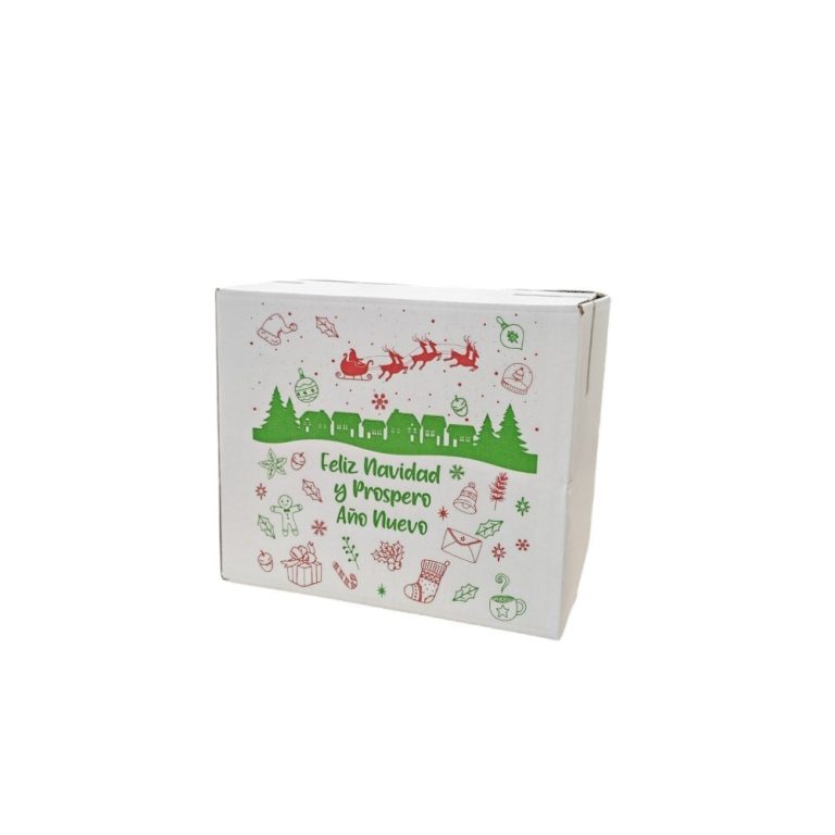 Caja de cart&oacute;n corrugado cerrada, impresa en verde y rojo con el mensaje "Feliz Navidad y Pr&oacute;spero A&ntilde;o Nuevo"