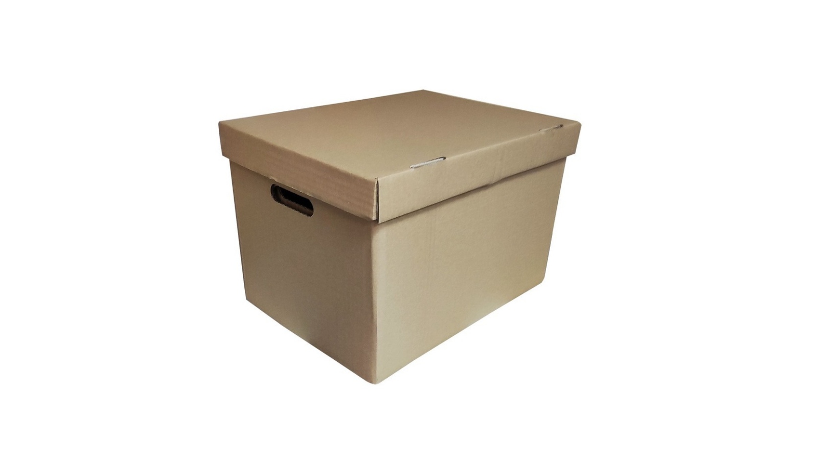 Caja de cartón corrugado kraft con tapa y asas laterales recortadas, vista en perspectiva