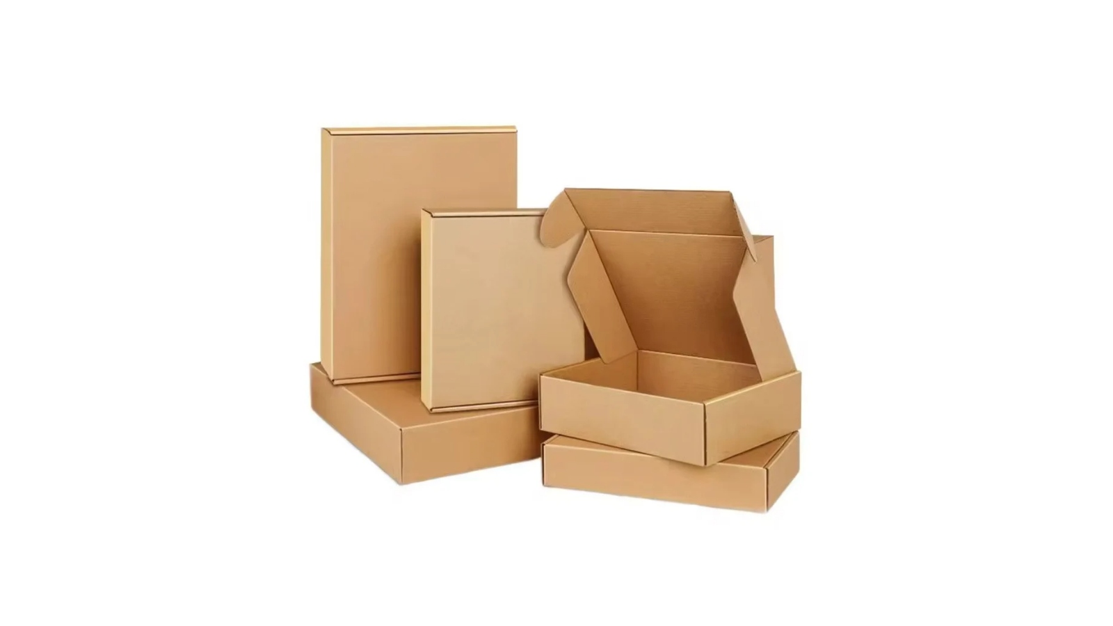 Cajas de cartón corrugado kraft lisas, algunas abiertas y otras cerradas, para despachar libros por mayor